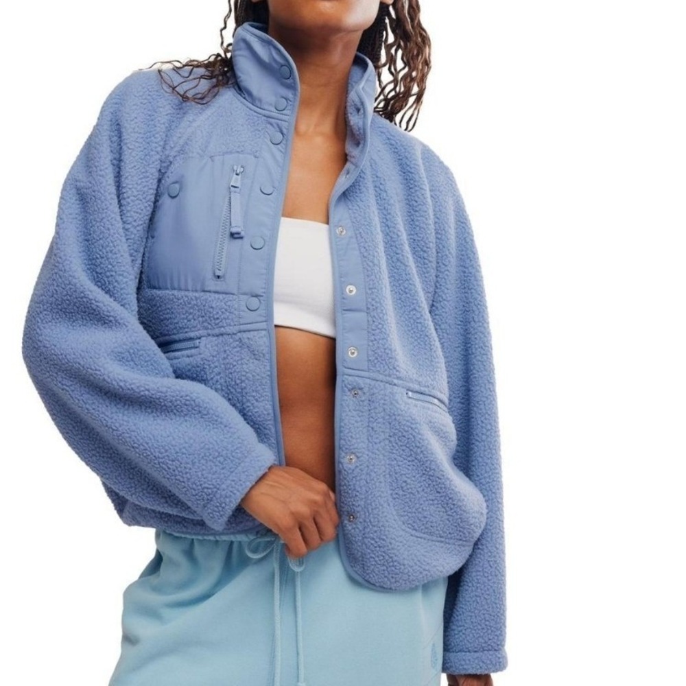 FP Movement Hit The Slopes Jacket Womens M Blue Sherpa Fleece Snap
